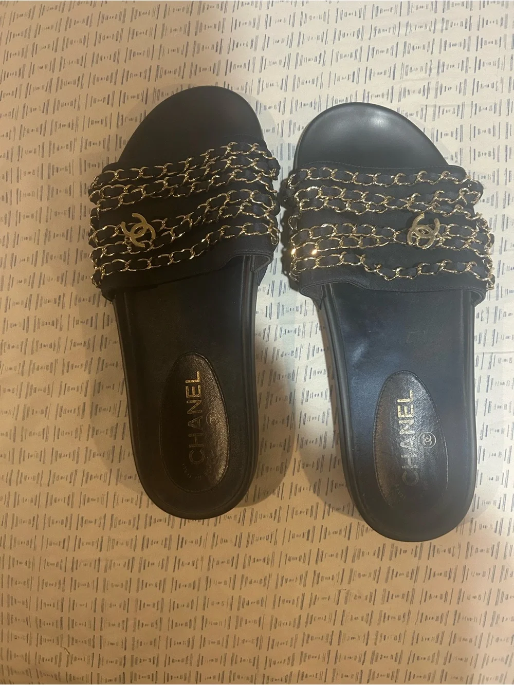 CHANEL Black Slides with Gold Chain Straps